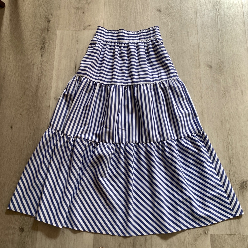 Calista Blue White Striped Tiered Maxi Skirt Smocked Paperbag Waist Small